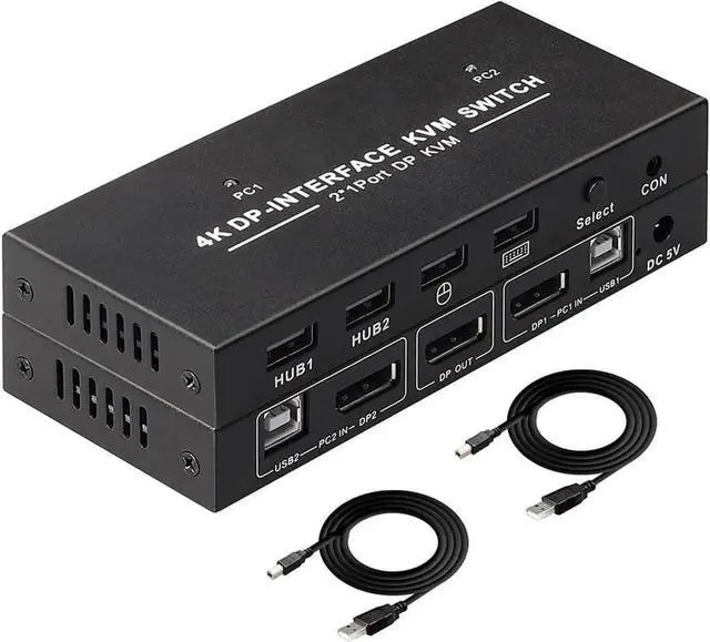 Main image of KVM Switch 2 Port 4K@60Hz 2 in 1 Out DP 1.2 and USB Switch for 2 Computers Share 1 Keyboard Mouse Monitor for Laptop, PC Supports with 4 USB 2.0 Ports, 2 USB KVM Cables 1.5m(5ft)