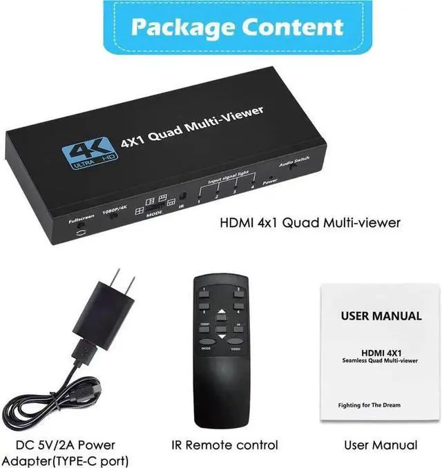 Alt view image 7 of 7 - Multiviewer Switch 4x1, Quad Seamless Switcher 4 in 1 Out with IR Remote Control, Support 4K Full HD 1080P HDCP 1.4 and 5 Display Modes for Security Camera, Gaming Consoles, Laptop, Monitor