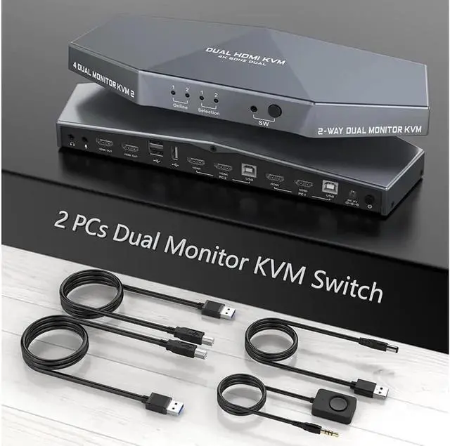 Main image of Aomoproing KVM Switch 4K @60Hz 2 PCs Dual Monitor, Dual Monitor Suitable HDMI KVM Switch for 2 Computers + 2 Monitors with Audio, USB Powered, Hotkey Switch, 4K Monitor with Cables