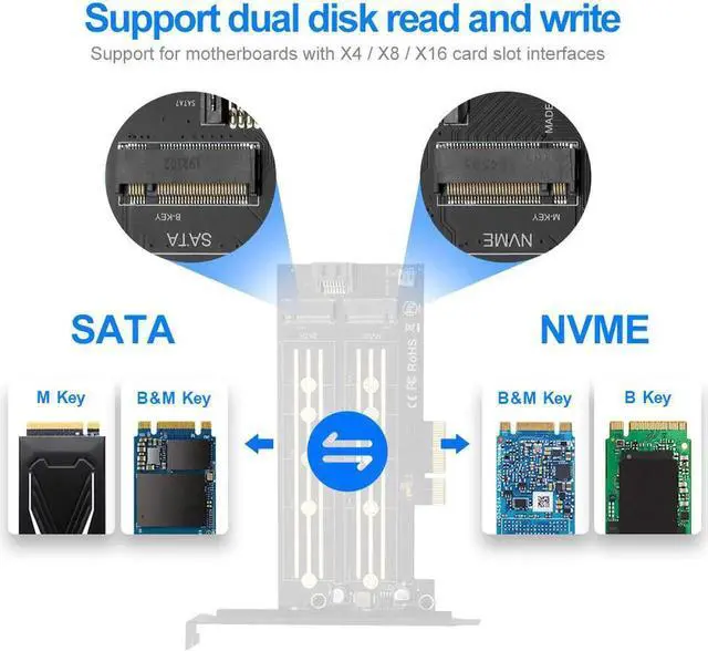 Alt view image 5 of 6 - PCIE to M2 Hard Disk Adapter Expansion Cards PCI E X4 3.0 M.2 SSD SATA/NVME Protocol NGFF M key/B key/B&M key Computer