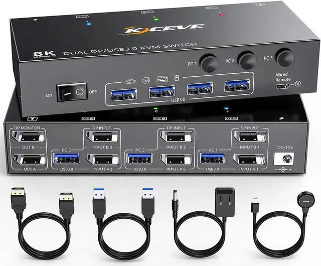 Main image of Aomoproing KVM Switch 3 Computer 2 Monitors, KCEVE Dual Monitors Displayport USB 3.0 KVM Switcher, Supports 4K@60Hz for 3 DP Computers Share 2 DP Monitors, Keyboard and Mouse