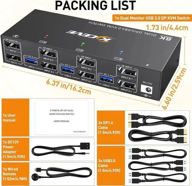Alt view image 2 of 7 - Aomoproing KVM Switch 3 Computer 2 Monitors, KCEVE Dual Monitors Displayport USB 3.0 KVM Switcher, Supports 4K@60Hz for 3 DP Computers Share 2 DP Monitors, Keyboard and Mouse