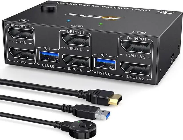 Main image of 2 Ports Dual Monitor DisplayPort KVM Switch 8K @30Hz 4K @60Hz 2 in 2 Out, DP 1.4 KVM Switch and 4 USB 3.0 for 2 Computers, Backward Compatible DP1.2 with DP+USB Cables and Wired Controller included