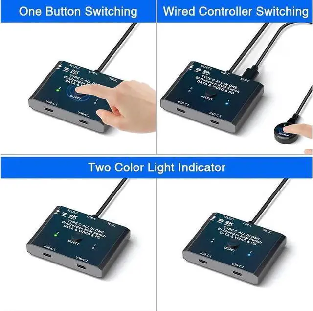Alt view image 7 of 7 - USB-C Switch,Bi-Directional USB C Switcher 2 in 1 Out/1 in 2 Out Type C KVM Switch Supports 8K @60Hz,4K @120Hz Video / 10Gbps Data Transfer/ 100w Power Delivery Compatible with Thunderbolt Device