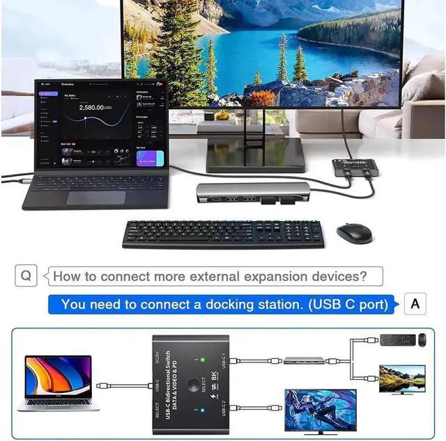 Alt view image 6 of 7 - USB-C Switch,Bi-Directional USB C Switcher 2 in 1 Out/1 in 2 Out Type C KVM Switch Supports 8K @60Hz,4K @120Hz Video / 10Gbps Data Transfer/ 100w Power Delivery Compatible with Thunderbolt Device