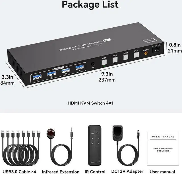 Alt view image 6 of 7 - HDMI2.1 KVM Switch 4 Computers 1 Monitor 8K@60Hz 4K@120Hz 4 Port KVM Switches For 4 PCs Share 4 USB Devices Like Keyboard Mouse Printer etc. With Remote Controller & Other External Accessories