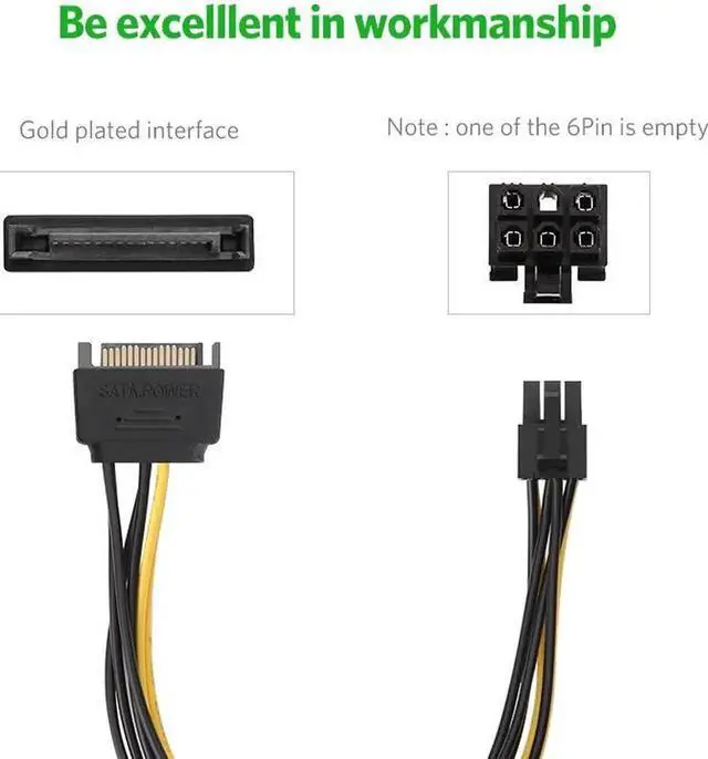 Alt view image 6 of 6 - Ugreen SATA Power Cable 15 Pin to 6 Pin PCI Express PCI-E Sata Converter Graphics Video Card 20cm Length Power Cable Adapter