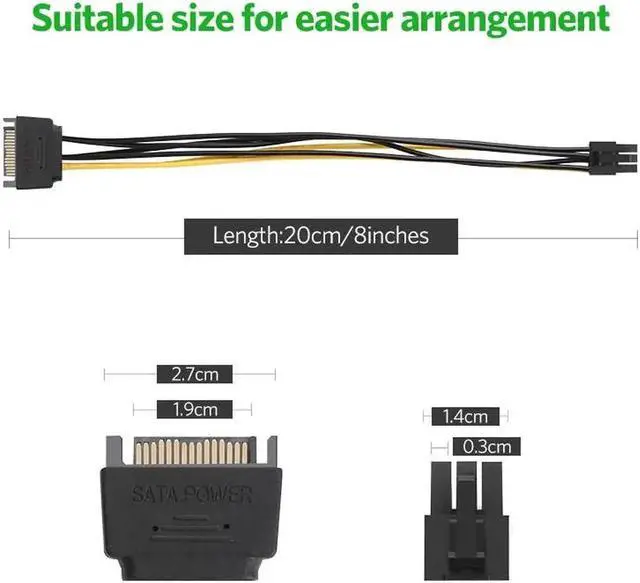 Alt view image 5 of 6 - Ugreen SATA Power Cable 15 Pin to 6 Pin PCI Express PCI-E Sata Converter Graphics Video Card 20cm Length Power Cable Adapter