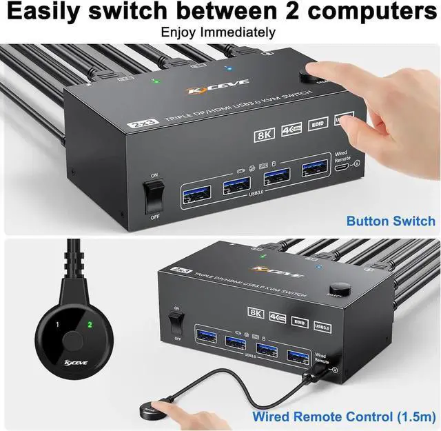 Alt view image 3 of 6 - KVM Switch 3 Monitors 2 Computers 8K@60Hz 4K@144Hz, HDMI+2 Displayport KVM Switch Triple Monitor for 2 Computer Share 3 Monitor and 4 USB3.0 Port Keyboard Mouse,Wired Remote and 5 Cables Included