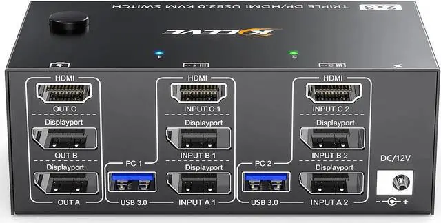 Main image of KVM Switch 3 Monitors 2 Computers 8K@60Hz 4K@144Hz, HDMI+2 Displayport KVM Switch Triple Monitor for 2 Computer Share 3 Monitor and 4 USB3.0 Port Keyboard Mouse,Wired Remote and 5 Cables Included