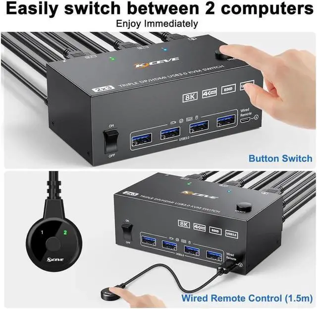 Alt view image 2 of 7 - 2 Displayport + HDMI 3 Monitor KVM Switch USB 3.0, 8K @60Hz 4K@144Hz Triple Monitor KVM Switch for 2 Computer Share 3 Monitor and 4 USB 3.0 Port Keyboard Mouse, Wired Remote and 5 Cables Included