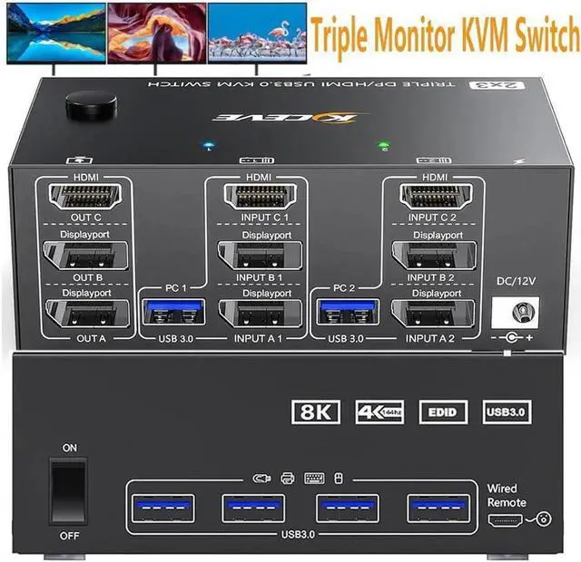 Main image of 2 Displayport + HDMI 3 Monitor KVM Switch USB 3.0, 8K @60Hz 4K@144Hz Triple Monitor KVM Switch for 2 Computer Share 3 Monitor and 4 USB 3.0 Port Keyboard Mouse, Wired Remote and 5 Cables Included
