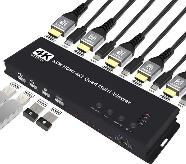 Main image of 4 Ports KVM HDMI Quad Multi-viewer Switcher 4K HDMI Screen Divider Switcher with USB KVM 4 in 1 out Seamless switch for 4 PC