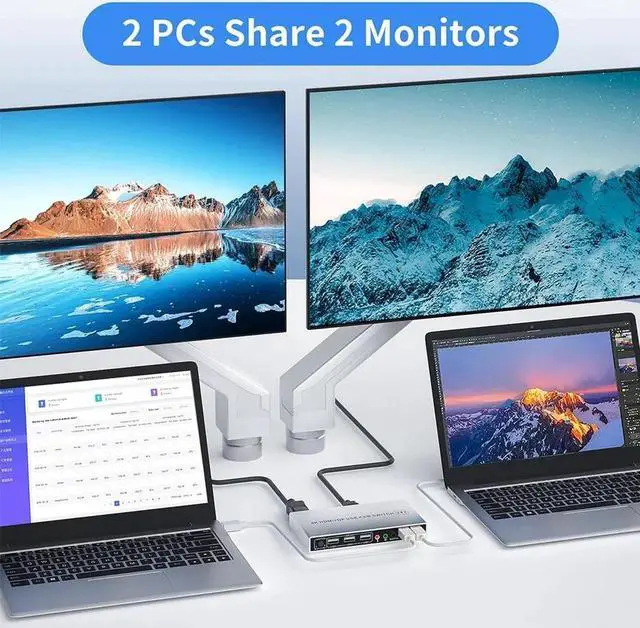 Alt view image 2 of 6 - Monitor DisplayPort HDMI KVM Switch 2x2 4K@60Hz 2-Port Extended Display 2 in 2 Out DP HDMI KVM Switch 2 Monitors 2 Computer