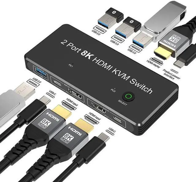 Alt view image 2 of 6 - KVM Switch 8K 60Hz 4K 120Hz 2 in 1 out HDMI-compatible Switches 2*1 HDMI Switcher dual PC With USB 3.0 Cables For Monitor