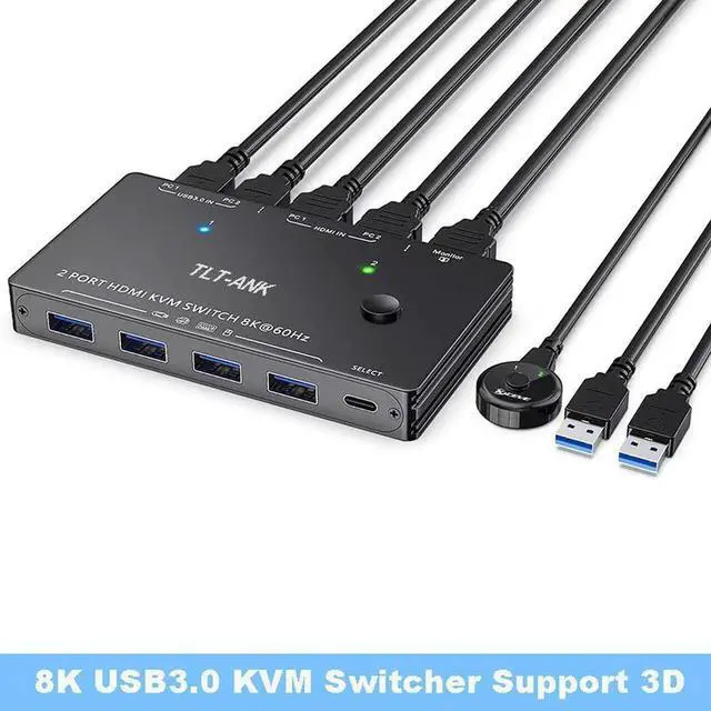 Alt view image 6 of 6 - USB 3.0 KVM Switch HDMI 2 Ports 8K 60Hz 4K 120Hz HDMI 2.1 KVM Switch for 2 Computers 1 Monitor