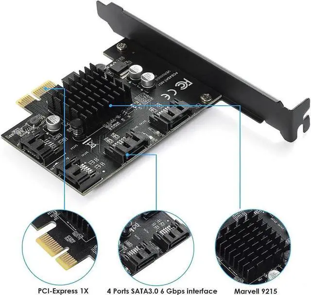 Alt view image 7 of 7 - Aomoproing 4 Port SATA III PCIe 3.0 X1 Controller Card, PCI Express to SATA 3.0 6G, Marvell 88SE9215, Black