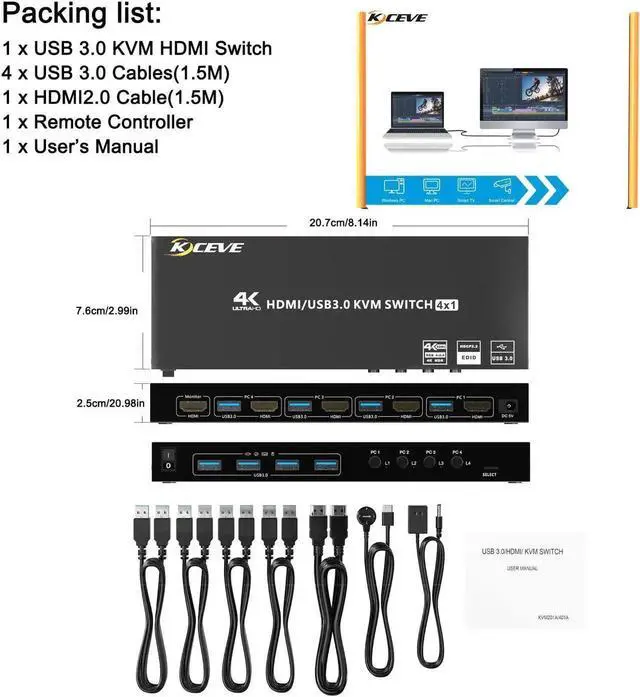 Alt view image 4 of 6 - 4 Port Support USB 3.0 KVM Switch, USB Hub HDR EDID HDMI USB Switch 4 in 1 Out and 4 USB 3.0 Port for Keyboard Mouse Print