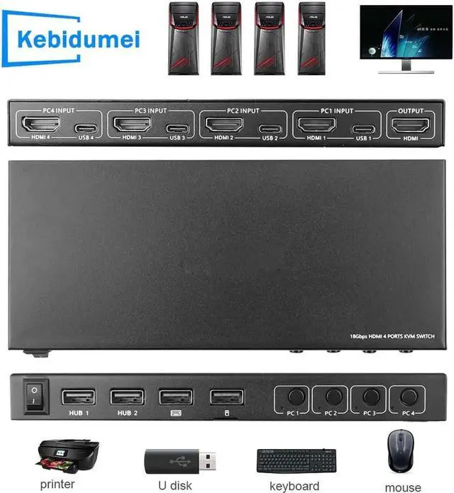 Main image of 4 Ports KVM Switcher 4K HDMI with Type-c Interface USB Sharer Video Display Box Splitter For Printer Monitor Keyboard Mouse PC