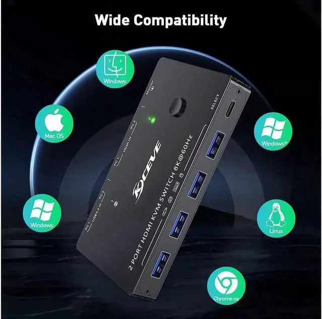Alt view image 7 of 7 - USB 3.0 KVM Switch HDMI 2 Ports 8K @60Hz 4K @120Hz HDMI 2.1 KVM Switch for 2 Computers 1 Monitor and 4 USB 3.0 Ports, HDCP 2.3, HDR 10, with Remote Controller and USB 3.0 Cables