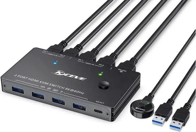 Main image of USB 3.0 KVM Switch HDMI 2 Ports 8K @60Hz 4K @120Hz HDMI 2.1 KVM Switch for 2 Computers 1 Monitor and 4 USB 3.0 Ports, HDCP 2.3, HDR 10, with Remote Controller and USB 3.0 Cables
