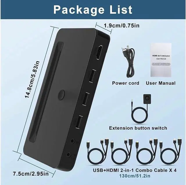 Alt view image 2 of 7 - 4 Port KVM HDMI Switch with Audio Microphone and 3 x USB Hub - 4K @60Hz 4 in 1 Out HDMI USB Switch Supports Keyboard Mouse with USB+HDMI Combo Cables x4|USB Power Cable|Wire Remote Switch