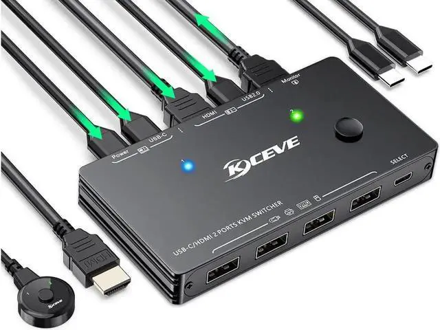 Main image of USB-C HDMI KVM Switch, 2 Ports USB C +HDMI KVM Switcher Support 4K@60Hz for 1 Type-C and 1 HDMI Computer to Share Keyboard Mouse And Monitor, Suppprt 100W PD Fast Charging, Wired Remote included