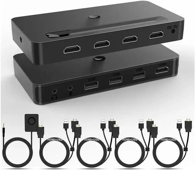 Main image of 4 Port KVM HDMI Switch with Audio Microphone and 3 x USB Hub - 4K @60Hz 4 in 1 Out HDMI USB Switch Supports Keyboard Mouse with USB+HDMI Combo Cables x4|USB Power Cable|Wire Remote Switch