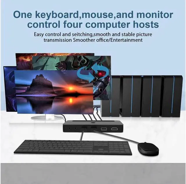 Alt view image 4 of 7 - 4 Port KVM HDMI Switch with Audio Microphone and 3 x USB Hub - 4K @60Hz 4 in 1 Out HDMI USB Switch Supports Keyboard Mouse with USB+HDMI Combo Cables x4|USB Power Cable|Wire Remote Switch