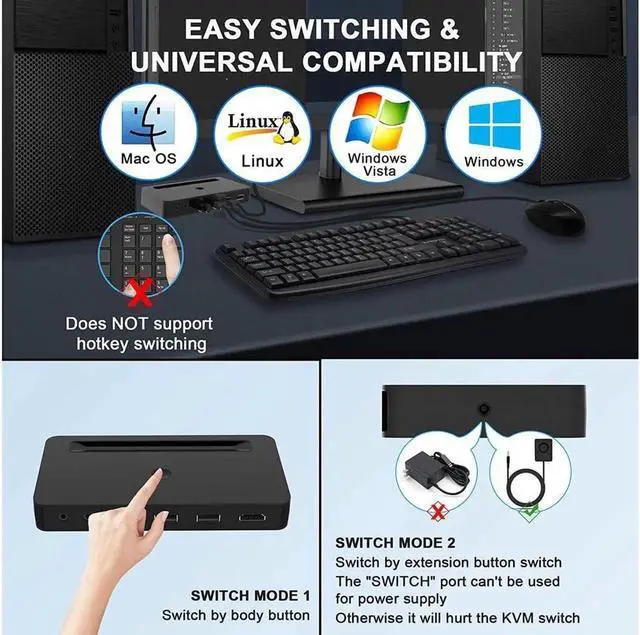 Alt view image 3 of 7 - 4 Port KVM HDMI Switch with Audio Microphone and 3 x USB Hub - 4K @60Hz 4 in 1 Out HDMI USB Switch Supports Keyboard Mouse with USB+HDMI Combo Cables x4|USB Power Cable|Wire Remote Switch