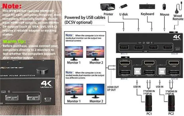 Alt view image 2 of 6 - 4k@60Hz Game switch Multi-function Docking Type-c KVM switcher Splitter Adapter 2 Ports DP+HDMI KVM Swith Dual Display USB HUB