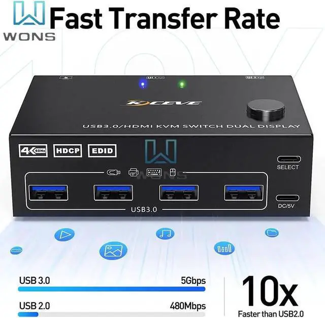 Alt view image 3 of 6 - USB 3.0 Dual Monitor KVM Switch Display Port HDMI 4K@60Hz 2K@120Hz Simulation EDID For 2 Computers Share 2 Monitors