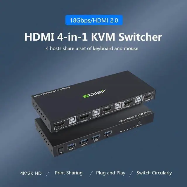 Alt view image 5 of 6 - AM-KVM401 4 Ports KVM Switcher HDMI2.0 4-in-1 KVM Switcher 4K HD Image Keyboard Mouse USB Synchronization Controller