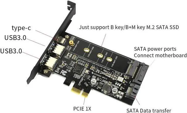 Alt view image 4 of 6 - Dual USB3.0 & Type c M.2 PCIe Adapter M2 SSD SATA B Key to PCI e Controller Converter Riser Card for NGFF 2280 2260 2242 2230