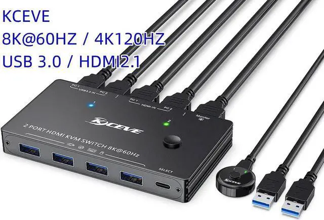 Alt view image 2 of 5 - USB 3.0 HDMI KVM Switch HDMI 2 Ports 8K 60Hz 4K 120Hz HDMI 2.1 KVM Switch for 2 Computers 1 Monitor and 4 USB 3.0 Ports
