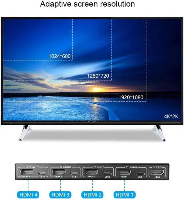 Alt view image 2 of 6 - 4 ports KVM Switcher with Type-c Interface 4K HDMI USB Sharer Video Display Box Splitter For Sharing Printer Keyboard Mouse