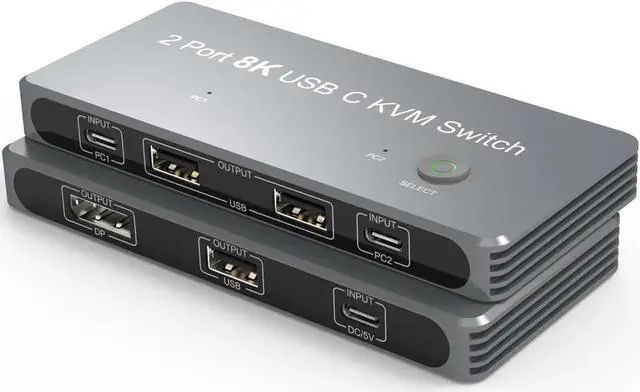 Main image of USB-C 8K KVM Switch 2x USB-C PC to 1x DisplayPort Monitor KVM Switch Compatible with Thunderbolt 3/4 Sharing 3x USB2.0 Mouse Keyboard Printer
