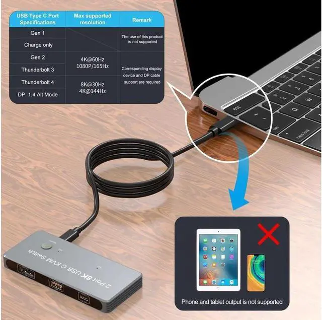Alt view image 3 of 7 - USB-C 8K KVM Switch 2x USB-C PC to 1x DisplayPort Monitor KVM Switch Compatible with Thunderbolt 3/4 Sharing 3x USB2.0 Mouse Keyboard Printer