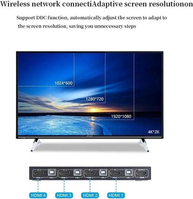 Alt view image 2 of 6 - 4 Ports HDMI KVM Switcher 4 IN 1 Out HDMI USB Switch Splitter for Sharing Monitor Keyboard Mouse Adaptive EDID/HDCP Decryption
