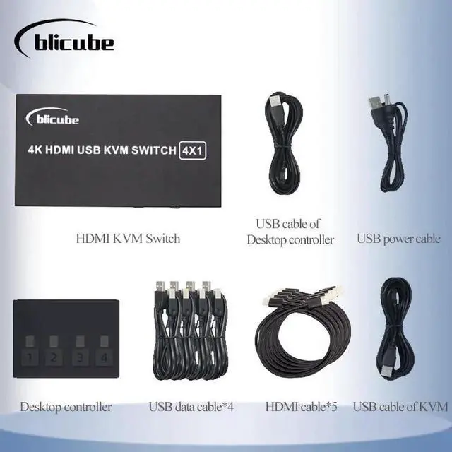 Alt view image 4 of 5 - BLIKVM HDMI Switch KVM shared laptop four port converter 4 in 1 out USB mouse keyboard display