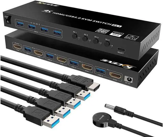 Main image of USB 3.0 KVM Switch HDMI 4 Port, Support 4K @60Hz RGB 4:4:4, USB Hub HDR EDID HDMI USB KVM Switch 4 in 1out and 4 USB 3.0 Port for Keyboard Mouse Printer,with Controller, USB 3.0 Cables and HDMI-Cable