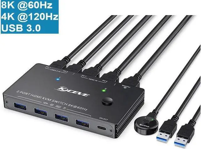 Main image of 8K HDMI KVM Switch 2 Ports, USB 3.0 HDMI2.1 KVM Switcher Box, Support 7680x4320 8K @60Hz, 3840x2160 4K @120Hz Resolution for 2 Computers Share Mouse Keyboard and Monitor