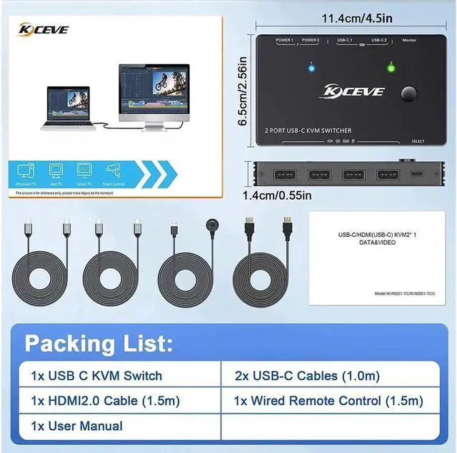 Alt view image 2 of 7 - 2 Ports USB Type-C KVM Switch 4K@60Hz, 2 in 1 Out USB C KVM Switch for 2 Computers Share 1 HDMI Monitor and USB Devices-Power Delivery 100W,Type-C KVM with USB-C Cable,HD-MI2.0 Cable and Wired Remote