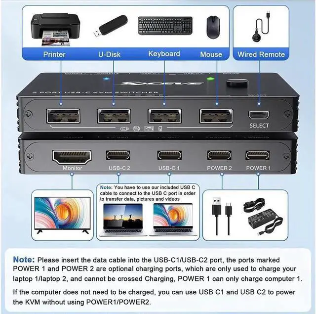 Alt view image 7 of 7 - 2 Ports USB Type-C KVM Switch 4K@60Hz, 2 in 1 Out USB C KVM Switch for 2 Computers Share 1 HDMI Monitor and USB Devices-Power Delivery 100W,Type-C KVM with USB-C Cable,HD-MI2.0 Cable and Wired Remote