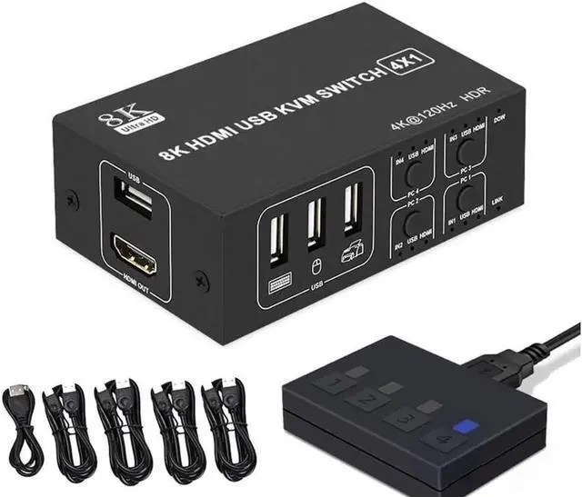 Main image of 4x1 HDMI KVM Switch 4 Port, 8K @60Hz 4K@120Hz HDMI USB KVM HDMI Switch Share 4 Computers with One Monitor One-Button Swapping, 4 in 1 Out KVM Switcher for PC Laptop with 4 USB Cables 1 Power Cable