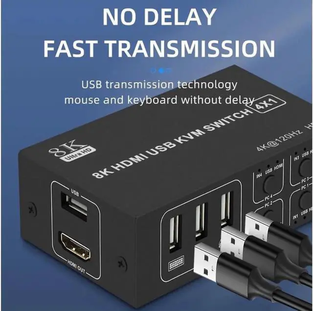 Alt view image 2 of 7 - 4x1 HDMI KVM Switch 4 Port, 8K @60Hz 4K@120Hz HDMI USB KVM HDMI Switch Share 4 Computers with One Monitor One-Button Swapping, 4 in 1 Out KVM Switcher for PC Laptop with 4 USB Cables 1 Power Cable
