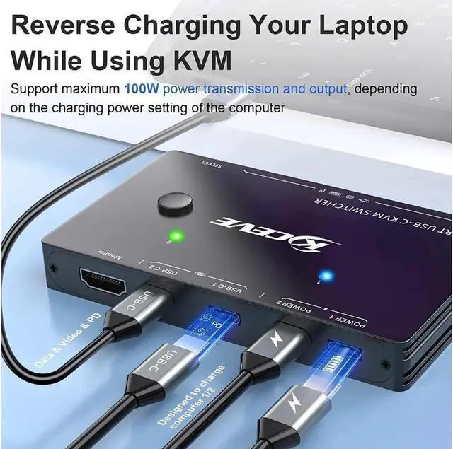 Alt view image 5 of 7 - USB Type-C KVM Switch 4K @60Hz, 2 in 1 Out Type-C KVM Switch for 2 Computers Share One HDMI Monitor and USB Devices-Power Delivery 100W, Type-C KVM with USB-C Cable, HDMI2.0 Cable and Wired Remote