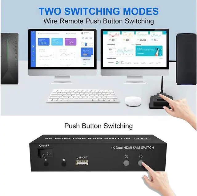 Alt view image 7 of 7 - KVM Switch Dual Monitors 2 Computers, 4K@60Hz Extended Display 2 Ports HDMI KVM Switch 2 Monitors 2 Computers with 3 USB Ports and Audio Microphone Port, PC Monitor Keyboard Mouse Switcher