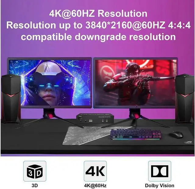 Alt view image 6 of 7 - KVM Switch Dual Monitors 2 Computers, 4K@60Hz Extended Display 2 Ports HDMI KVM Switch 2 Monitors 2 Computers with 3 USB Ports and Audio Microphone Port, PC Monitor Keyboard Mouse Switcher