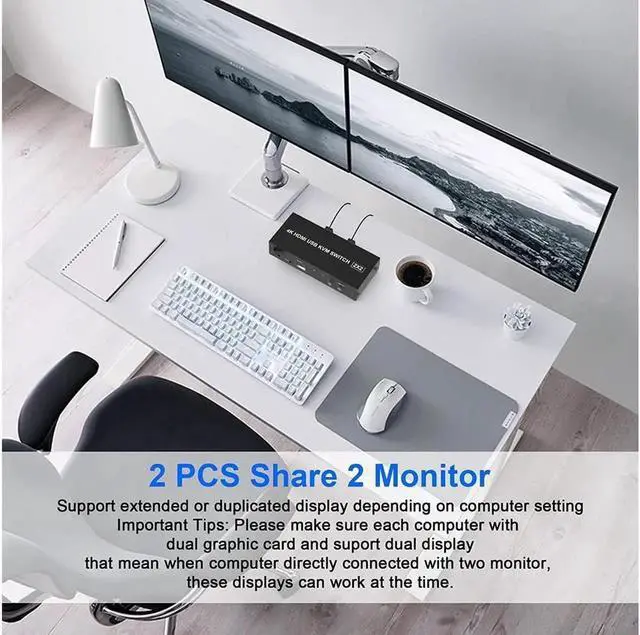 Alt view image 2 of 7 - KVM Switch Dual Monitors 2 Computers, 4K@60Hz Extended Display 2 Ports HDMI KVM Switch 2 Monitors 2 Computers with 3 USB Ports and Audio Microphone Port, PC Monitor Keyboard Mouse Switcher